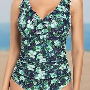 Floral Ruffle Women's One Piece Swimsuit Tummy Control - 16